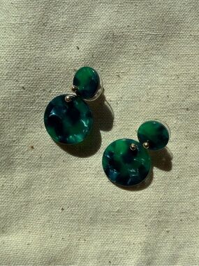 Green Resin Gold‎ Double Circle Drop Earrings Mermaid Art Deco Boho Coastal